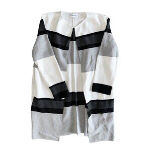 Calvin Klein Thick Knit Long Cardigan Women Medium White Gray Black Stripe